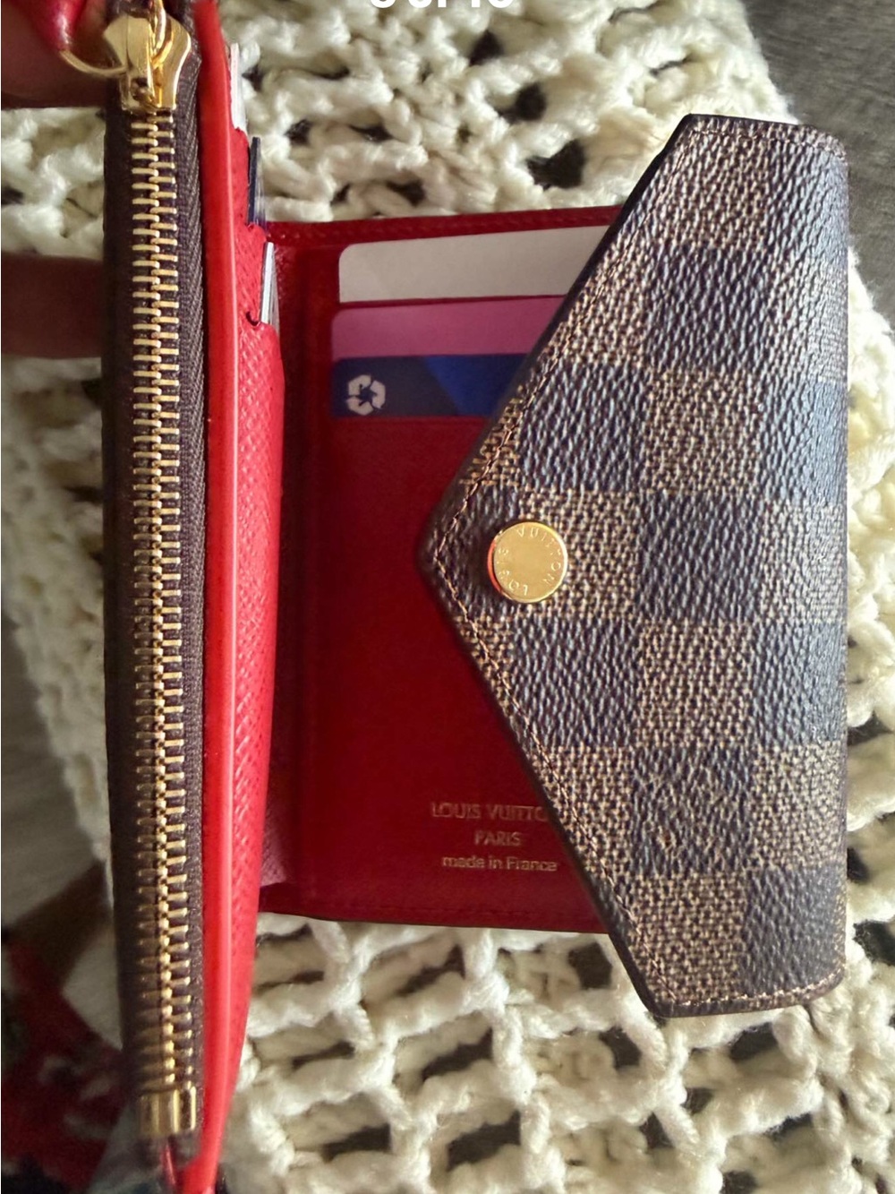 Louis Vuitton Damier Ebene Small Card Holder with Red Interior